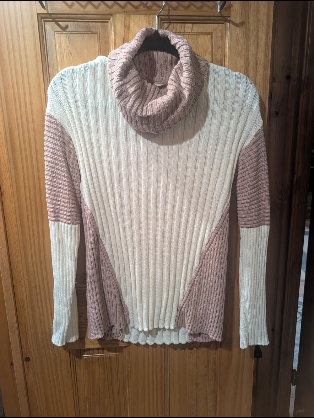 Belldini Cream & Dusty Rose Ribbed Cowl Neck Sweater
